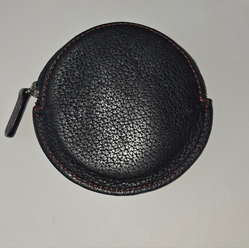 Coach Black Pebbled Leather Round Zip Coin Pouch with Red Stitching - Picture 3 of 7